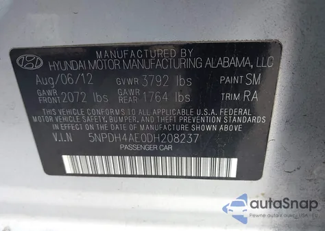 2013 Hyundai Elantra Limited from USA, damaged, VIN 5NPDH4AE0DH208237